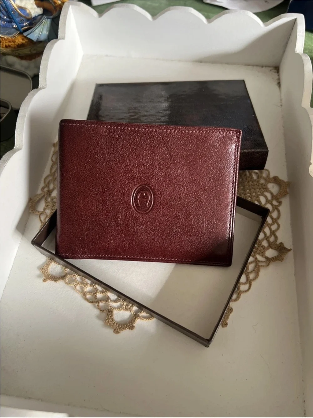 Vintage NOS Etienne Aigner Brown Leather Bifold Wallet 4x3 Credit Card Case, Box